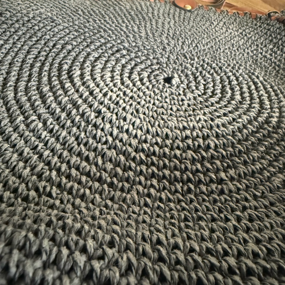 Woven Round Navy Tote Bag with Brown Trim - Picture 3 of 4